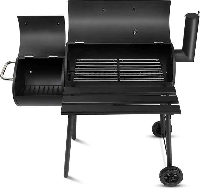 Large Charcoal Grill with Offset Smoker and Wood-Painted Side Table, Outdoor Smoker Grill with 811 Sq. In. Cooking Area for Outdoor Patio Barbecue Camping Parties Event, Black