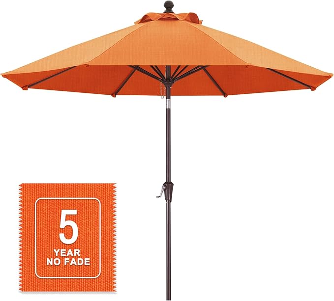 MASTERCANOPY Olefin 5-Year-Non-Fading 9ft Patio Umbrella with Tilt and Crank, Large UV Resistant Outdoor Table Umbrella with 8 Fiberglass Ribs for Deck, Yard & Market, Tangerine-colored