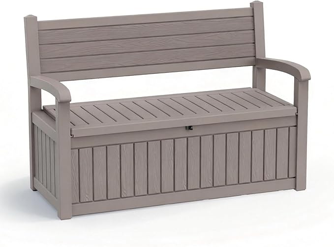 EasyUp 80 Gallon Outdoor Storage Bench, Waterproof Resin Deck Box with Lockable Lid Indoor Outdoor Storage Cushions Furniture Tools for Patio,Garden,and Porch (Gray)