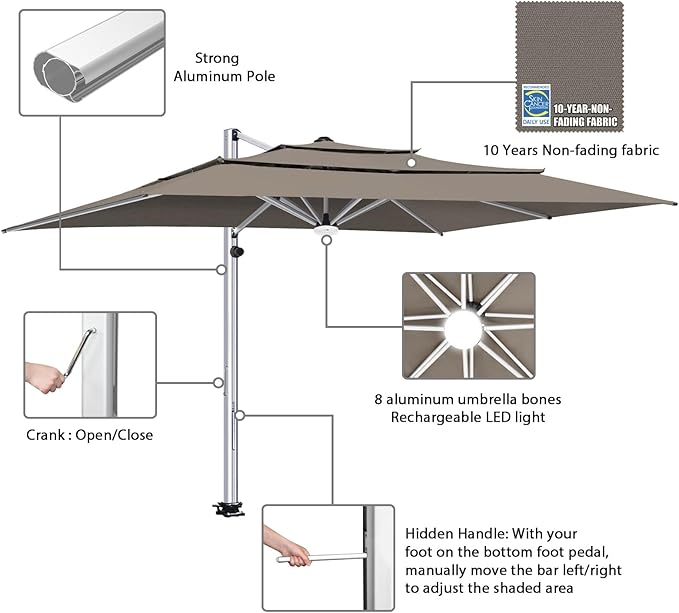 EliteShade USA APOLLO 3-Tier 10x13FT Full Aluminum Cantilever Patio Umbrella for Outdoor Restaurant Garden Courtyard Deck Pool and Marketing with Light (No battery), Taupe
