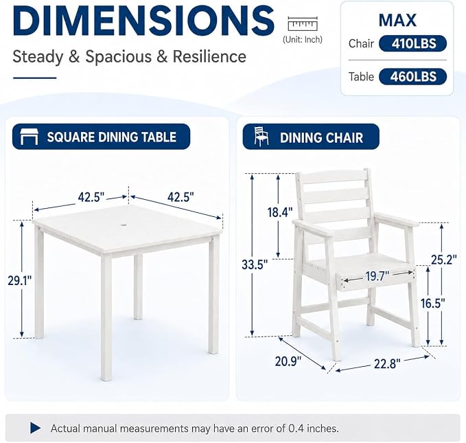 HDPE Outdoor Dining Set for 4, Square Table & Chairs Set | • All-Weather Polywood Composite • 410 lbs Heavy-Duty Support • Built-In 2" Umbrella Hole • Easy Soap-Water Wash