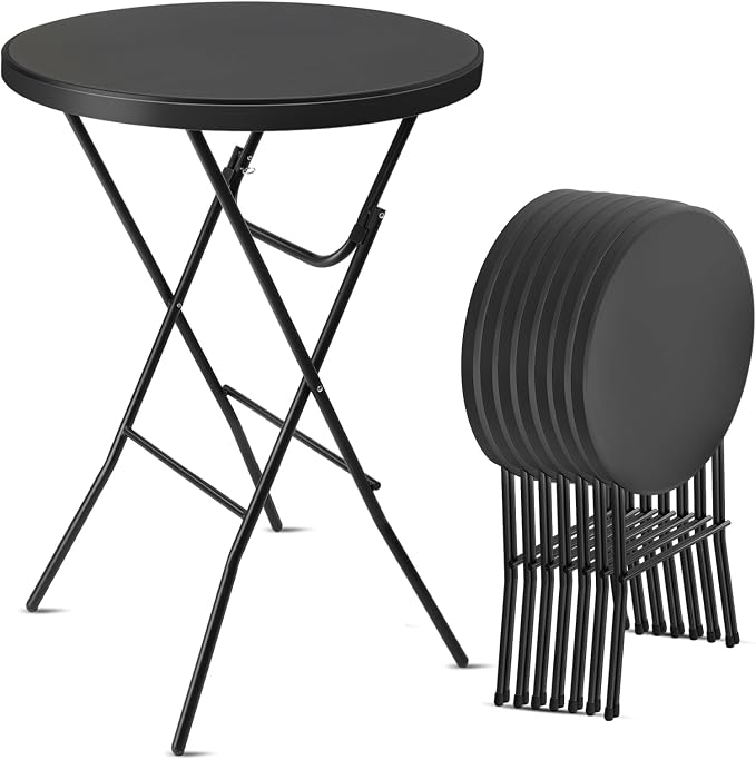 Bonnlo 32" Cocktail Table High Top Table, Folding Round Table Bar Height, HDPE Matrial with Gray Metal Finish for Outdoor Party, Backyard, Dining Room, Wedding Event,Black- 8PCS