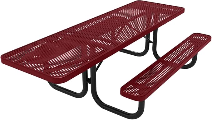 COATEDOUTDOORFURNITURE Heavy-Duty Portable ADA-Compliant Outdoor Picnic Table, Punched Steel Patio Dining Furniture Made in America (8ft Rectangular, One-Side Handicap, Burgundy)