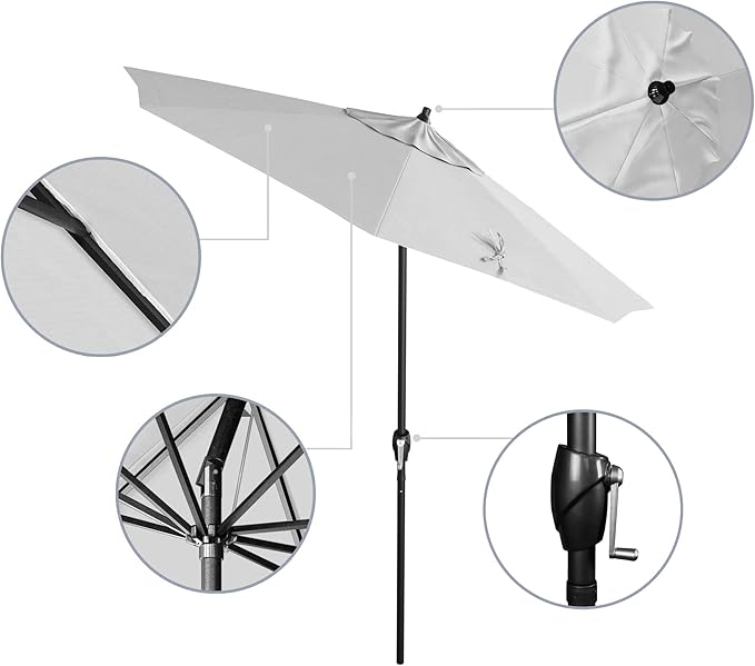 California Umbrella 7.5' Rd Aluminum Patio Umbrella, Crank Lift, Auto Tilt, Black Finish, White