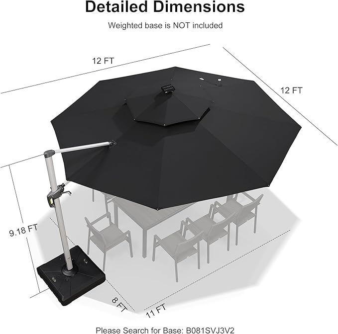 PURPLE LEAF 12ft Solar powered LED Patio Umbrella Outdoor Round Umbrella Large Cantilever Umbrellas with LED lights Windproof Offset Umbrellas Heavy Duty Sun Umbrella for Garden Deck Pool Patio, Black