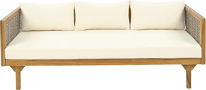 Christopher Knight Home Charm Patio Conversation Set, 3 Seater Acacia Wood Sofa, Spacious Seating Wicker Armrest Chair, Wood Coffee Table, Round Side Table, Outdoor Furniture for Backyard, Beige