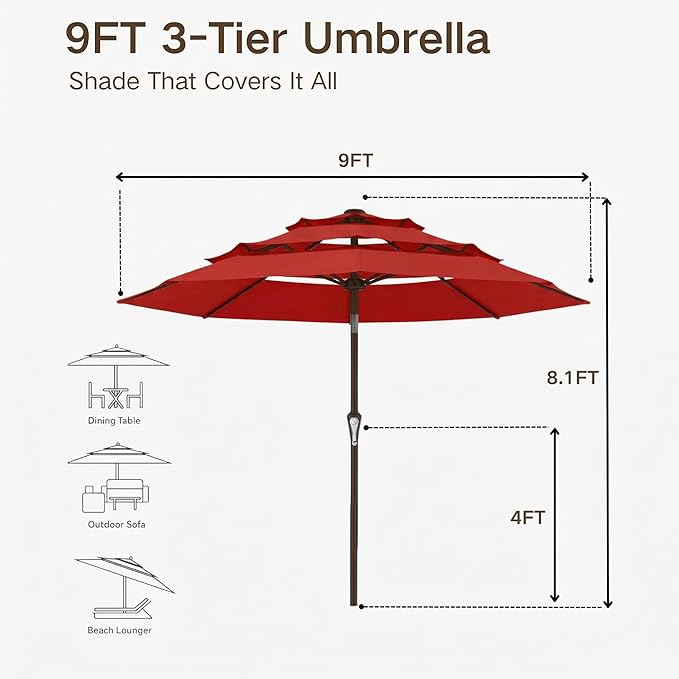Kingdura 9ft 3-Tier Patio Umbrella, Outdoor Table Umbrella with Easy Crank & Tilt, 8 Reinforced Ribs, UV Protection for Deck, Pool, Market, Backyard (Red)
