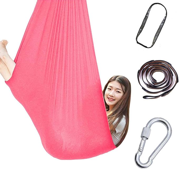 360° Rotating Elastic Aerial Yoga Hammock Outdoor Indoor Swings Aerial Yoga Sensory Therapy Cuddle Swing Soft Elastic Parcel Steady Seat Swing (Color : Pink, Size : 100x280cm)