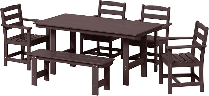 WestinTrends Ashore 6-Piece Outdoor HDPE Patio Dining Table Set with Bench, Dark Brown