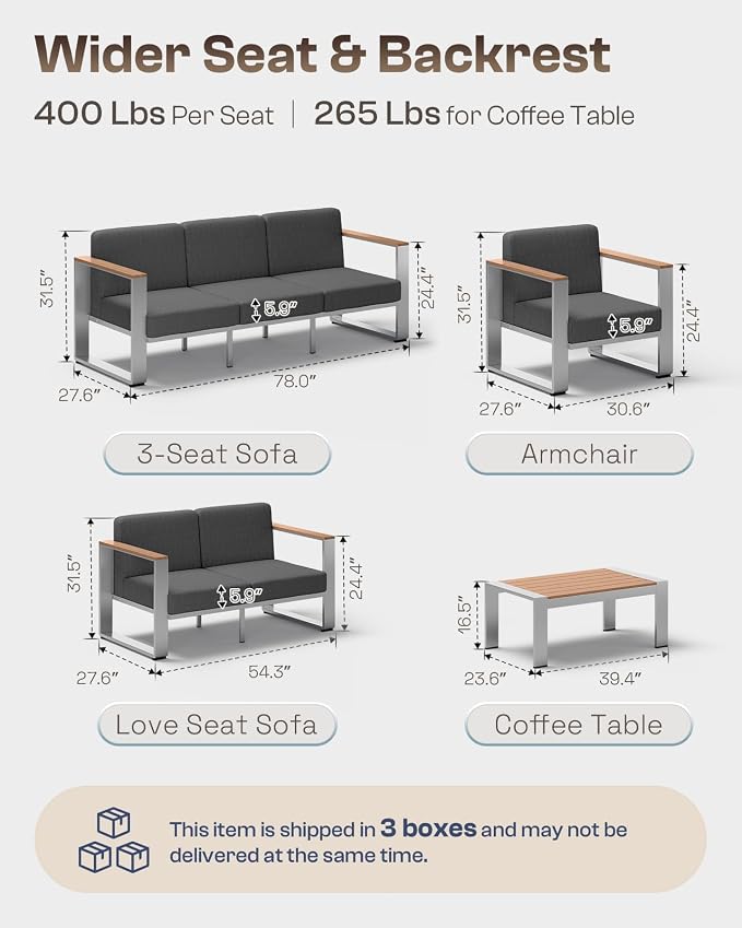 Aluminum Patio Furniture Set, 5 Seats Outdoor Patio Conversation Sets with Ergonomic Seat and Wide Washable Thick Cushions, Modern Outdoor Sectional Furniture for Balcony, Porch