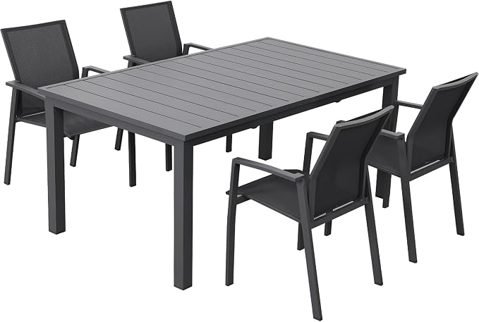 Wisteria Lane Outdoor Patio Dining Set, 5 Piece Aluminum Modern Outdoor Table and Chairs Set for 4, Metal Expandable Patio Table & 4 Stackable Textilene Chairs for Balcony Deck Backyard, Grey