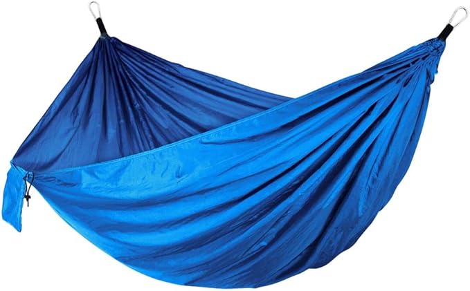 Portable Camping Travel Double Hammock, Hanging Bed with Tree Straps, Lightweight Nylon Taffeta Hammock for Two, Includes 2 Tree Straps and Metal Buckles for Outdoor (Blue)