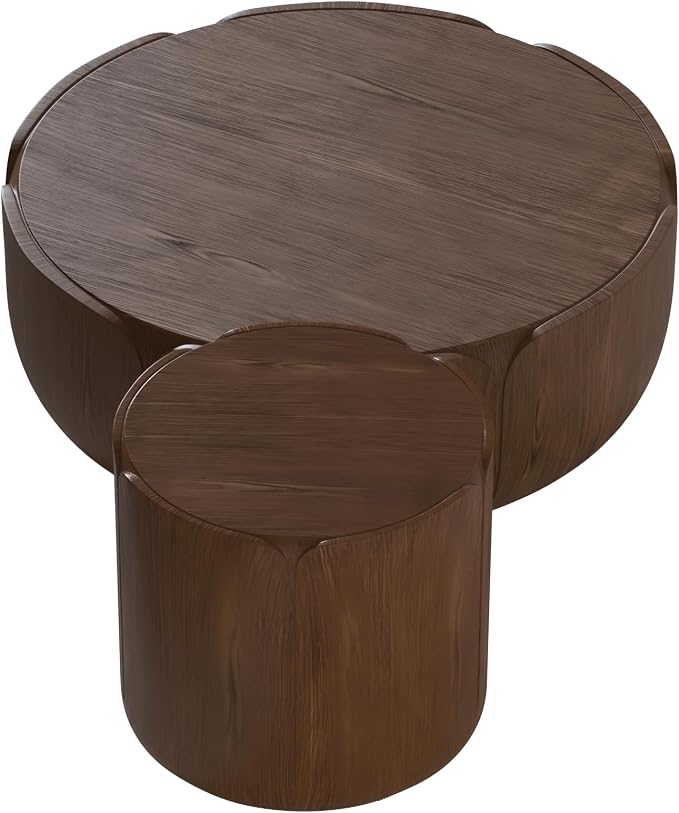 Round Outdoor Indoor Coffee Table Set, 2PC, 35.63" Modern Wood Grain Drum Center Table Set, Sturdy MGO Waterproof, No-Assembly, for Patio, Garden, Backyard, Living Room