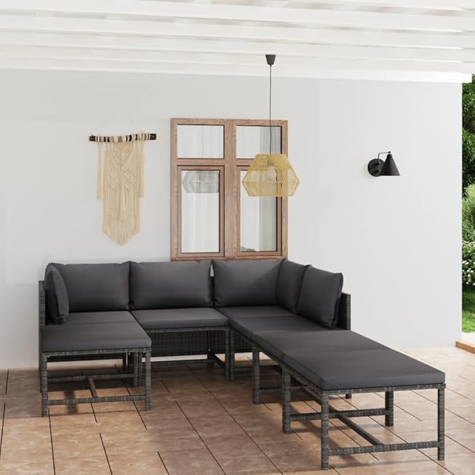 7-Piece Modular Patio Conversation Set Grey Anthracite, 23.6 inch PE Rattan Outdoor Sectional with Ottoman, Modern Garden Balcony Furniture for Terrace Deck Apartment