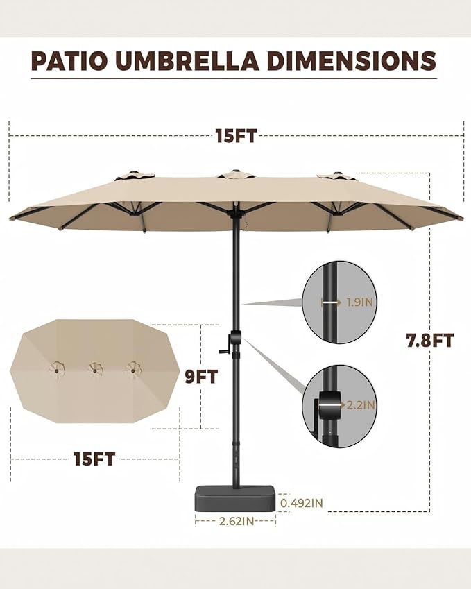 GDPFN 15FT Large Patio Umbrella with Base Included, Outdoor Deck Standing Umbrella with Crank Handle, Double-Side Rectangular Pool Umbrella for Outside, Market, Patio, Beige