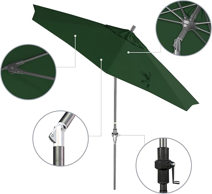 California Umbrella 9' Rd. Crank Lift, Collar Tilt, Aluminum Pole, Fiberglass Rib Patio Umbrella, Hammertone Grey Finish, Sunbrella Forest Green
