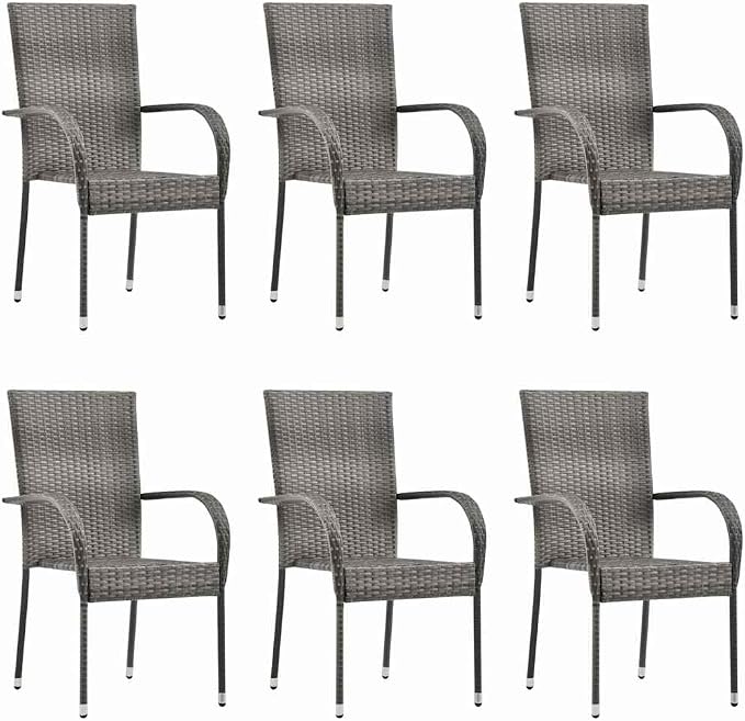 7 Piece Patio Dining Set Poly Rattan Gray Outdoor Table and Chairs for 6, Solid Acacia Wood Dining Table with Steel Frame, Stackable Weather Resistant PE Rattan Chairs for Backyard Garden Deck Patio