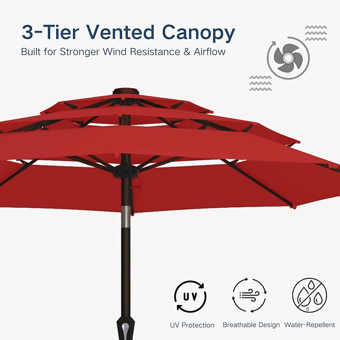 10FT Patio Umbrella 3 Tiers Outdoor Market Umbrella w/Push Button Tilt, Crank, UV and Waterproof Table Umbrella for Garden, Pool, Backyard, Deck, Lawn, Red