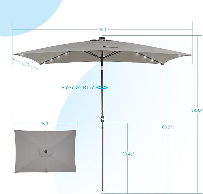 Rectangle Patio Umbrella with Solar Lights, 10 x 6.5ft Rectangular Outdoor Umbrella Table Market Patio Umbrella with Push Button Tilt and Crank for Garden, Deck, Backyard, Pool