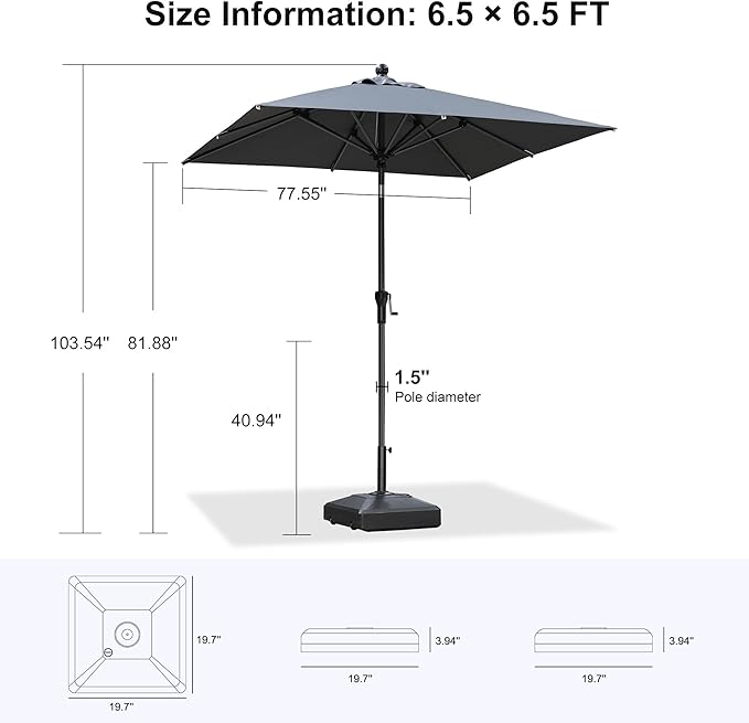 PURPLE LEAF 6.5' x 6.5' Square Patio Market Umbrella with Base Outdoor Table Umbrellas Aluminum Frame Sun Shade with 8 Sturdy Ribs Tilt for Garden Deck Lawn Pool Gray