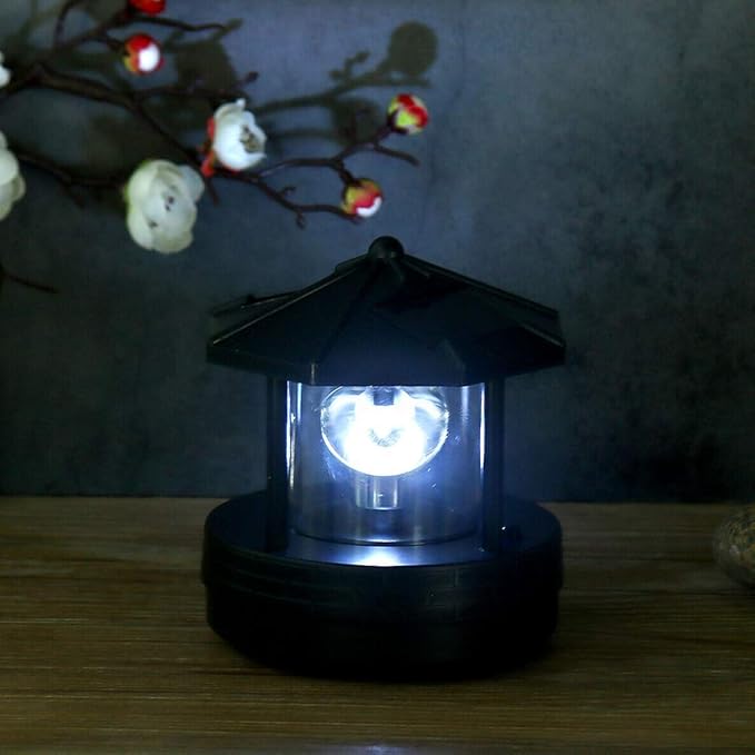 4.33inch LED Solar Powered Lighthouse, IP44 Waterproof, 360 Degree Rotating Lamp Waterproof Statue Rotating Lights for Garden Yard Outdoor Decor(Black,Size:M)