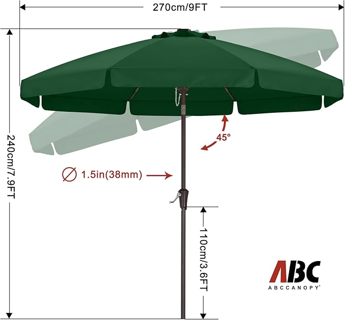 ABCCANOPY 9ft Scalloped Patio Umbrella, Outdoor Table Umbrella with Tilt and Crank, Fiberglass Ribs Deck Umbrella for Patio, Pool, Garden, Picnic (Green)