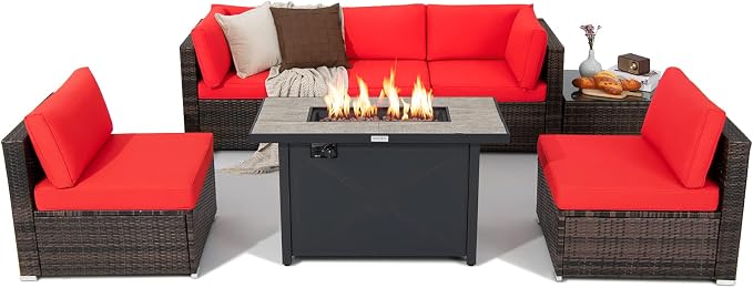 Tangkula 7 Piece Patio Furniture Set with Fire Pit Table, Includes 42 Inches 60,000 BTU Propane Rectangle Fire Pit Table and Protective Cover, Outdoor Cushioned Sectional Sofa Set for 5 (Red)
