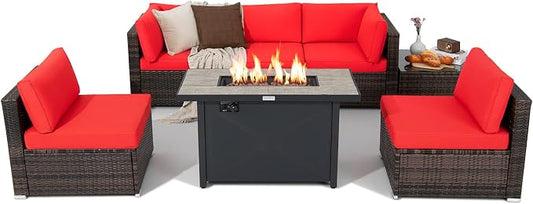 Tangkula 7 Piece Patio Furniture Set with Fire Pit Table, Includes 42 Inches 60,000 BTU Propane Rectangle Fire Pit Table and Protective Cover, Outdoor Cushioned Sectional Sofa Set for 5 (Red)