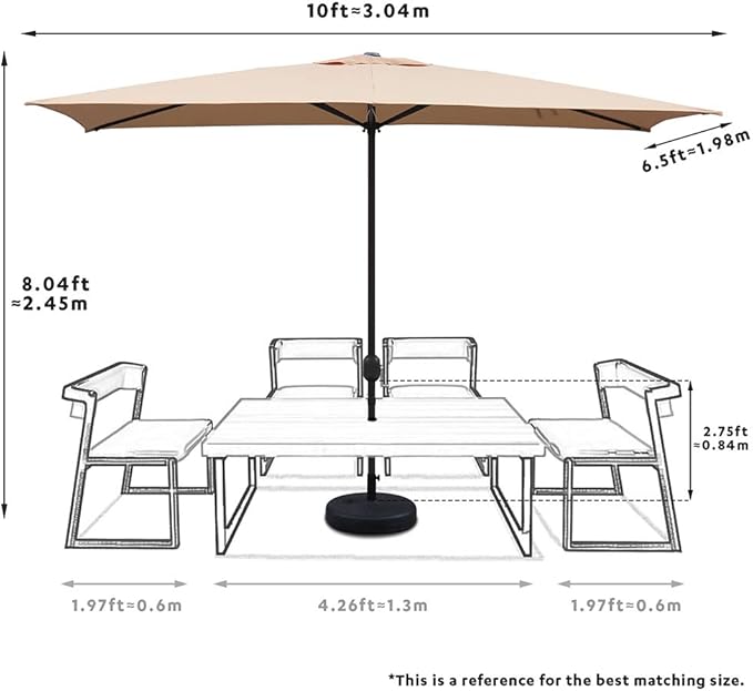 ABBLE Outdoor Patio Umbrella 10Ft x 6.5 Ft Rectangular with Crank, Weather Resistant, UV Protective Umbrella, Durable, 6 Sturdy Steel Ribs, Market Outdoor Table Umbrella, Tan
