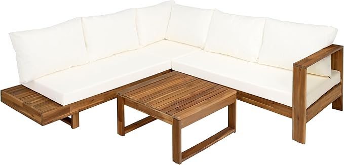 Christopher Knight Home Tenny 5-Seater Acacia Wood Patio Furniture Set, Outdoor Conversation Corner Sofa Set with Club Chair+Coffee Table, Patio Sectional Chat Set for Backyard/Balcony, Teak+Beige