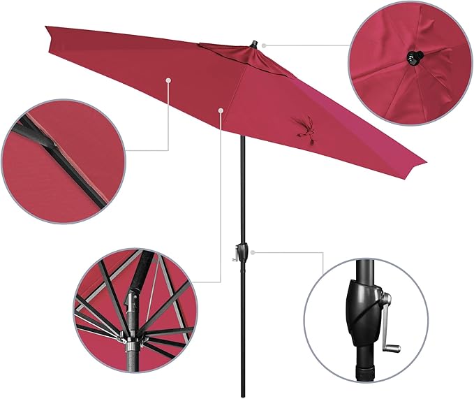 California Umbrella 12-Year Protection 9' Rd Aluminum Patio Umbrella, Crank Lift, Auto Tilt, Black Finish, Sunbrella Hot Pink