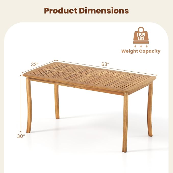 RELAX4LIFE 63’’ Wooden Outdoor Dining Table - Acacia Wood Rectangular Patio Table for 4-6 People w/Umbrella Hole & Slatted Tabletop, Farmhouse Furniture for Pool Backyard Garden Porch (Curved Leg)
