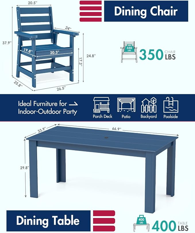 BRIOPAWS Outdoor-Dining-Table-Set | 6 Piece | HDPE | 1 Bench and 4 Chairs Sets for 6 | Patio Dinner Furniture | All Weather | Umbrella Hole | for Poolside Deck Backyard Outdoors | Blue