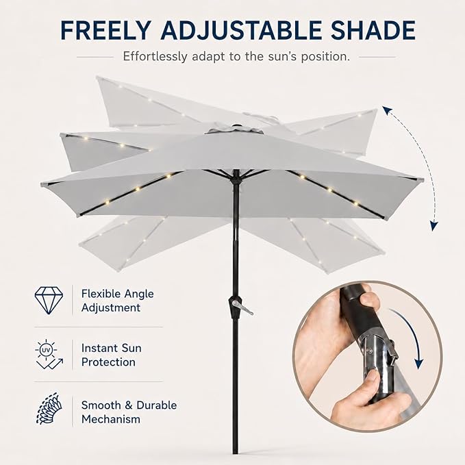 6.5 x 10ft Rectangular Patio Umbrella with Solar Lights, 16 LED Lighted Market Umbrella with Push-Button Tilt and Crank, 6 Sturdy Iron Ribs for Garden, Deck, Pool, Light Gray