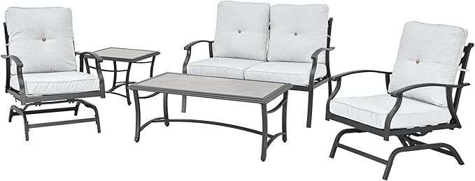 5Pcs Outdoor Patio Furniture Sets Beige Patio Conversation Set Metal Frame Porch Rocking Furniture Sets with Thick Seat/Back Cushions