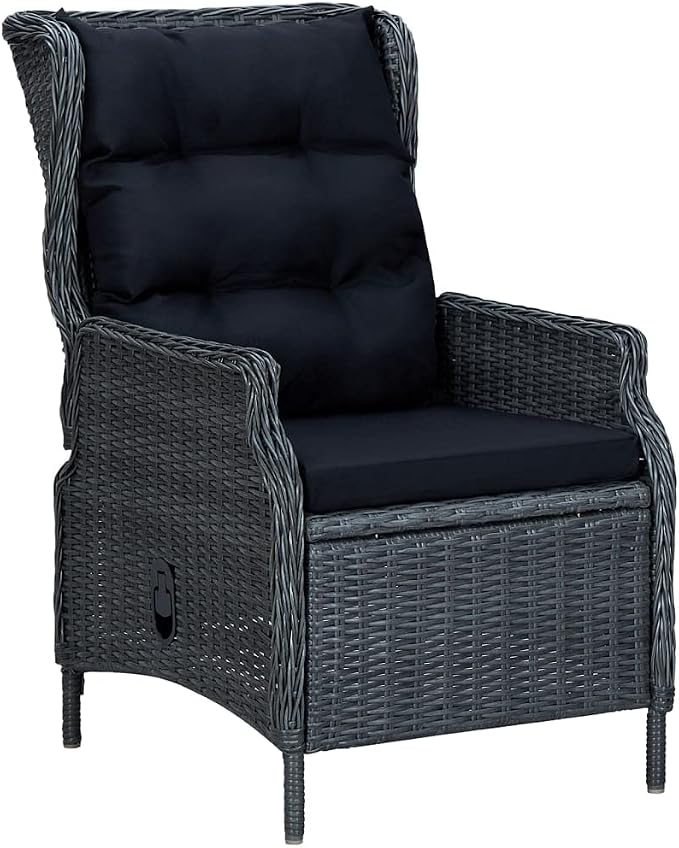 7 Piece Patio Dining Set with Dark Gray Poly Rattan, Tempered Glass Table, and Adjustable Backrest Chairs for Outdoor Garden