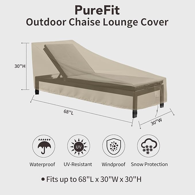 PureFit Outdoor Chaise Lounge Cover, Lounge Chair Covers Waterproof Patio Furniture Lounge Chair Cover, UV Resistant & Weatherproof, 1 Pack, 68"L x 30"W x 30"H Inches, Camel