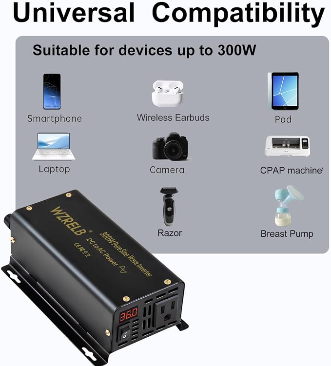 WZRELB 300W Pure Sine Wave Inverter 600W Peak DC 48V to 110V AC Power Converter Off Grid LED Display with Remote Controller