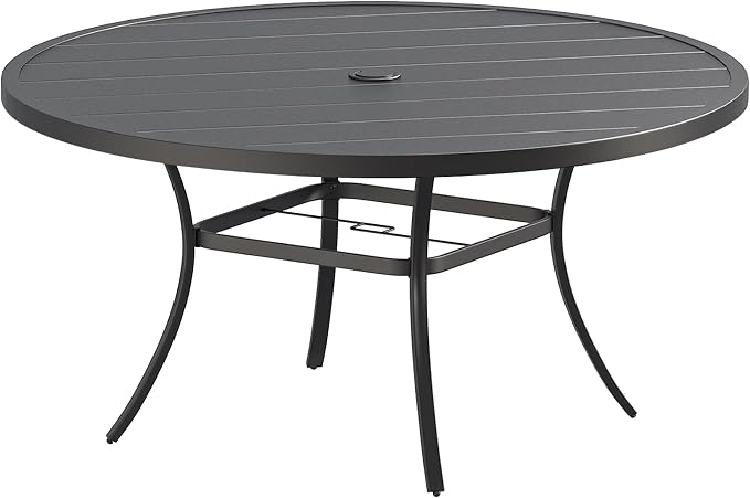 VICLLAX 60" Round Patio Table, Outdoor Dining Table for 8-10 with Umbrella Hole for Garden Lawn Deck Backyard, Black