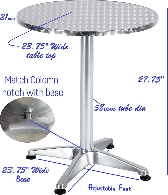 BTEXPERT Set of 2, Indoor Outdoor 23.75" Round Restaurant Table for Patio Stainless Steel Silver Aluminum Furniture with Base
