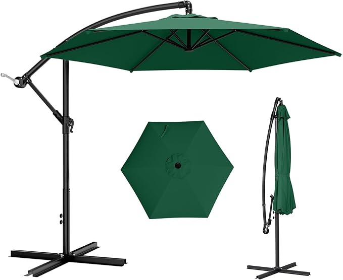 AreShark 10FT Patio Outdoor Umbrella, Offset Patio Umbrella Cantilever Umbrella, 6 Sturdy Ribs, Easy Adjustment for Garden Market Pool with Cross Base (Dark Green)