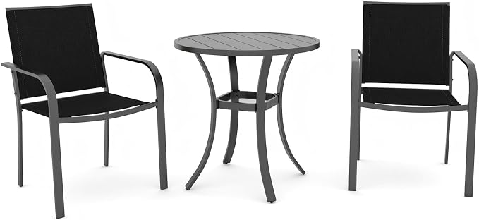 Anmutig 3-Piece Outdoor Dining Set, Small Metal Bistro Table with 2 Stackable Sling Chairs, 27.5 x 27.5 Inch Round Table, Black Fabric