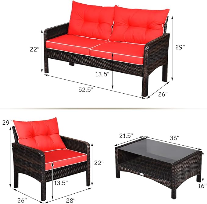 Tangkula 4 Piece Patio Furniture Set, Outdoor Wicker Conversation Set with Glass Top Coffee Table, All Weather Proof and Thick Cushions, Suitable for Porch, Garden, Poolside and Lawn (Red)