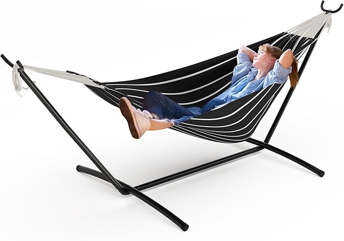 Double Hammock with Space-Saving Collapsible Steel Stand for 2 Person - Heavy Duty, 450lbs Capacity - Portable Indoor Outdoor Hammock, Carry Bag Included - Ideal for Garden, Camping, Beach