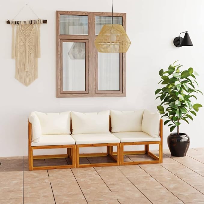 Patio Lounge Set with Cushion,Outdoor Patio Furniture,Outdoor Chat Conversation Set,Garden Furniture Sets,for Patio,Backyard,Garden,Outdoor,3 Piece Cream Solid Acacia Wood