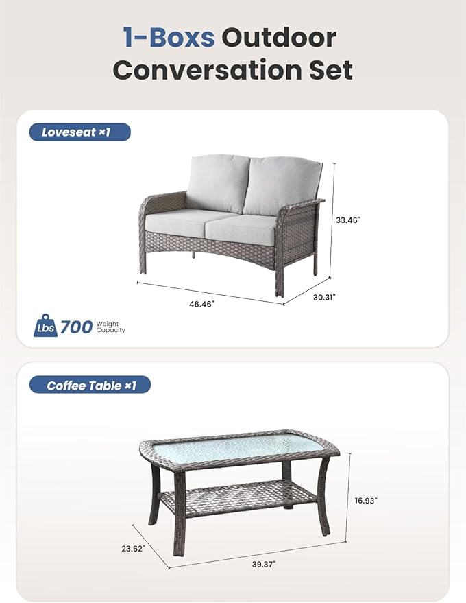 2-Piece Outdoor Patio Furniture Set with Coffee Table, Outdoor Conversation Wicker Sofa with Thickened Cushions, Rattan Couch for Deck Yard Poolside, Grey