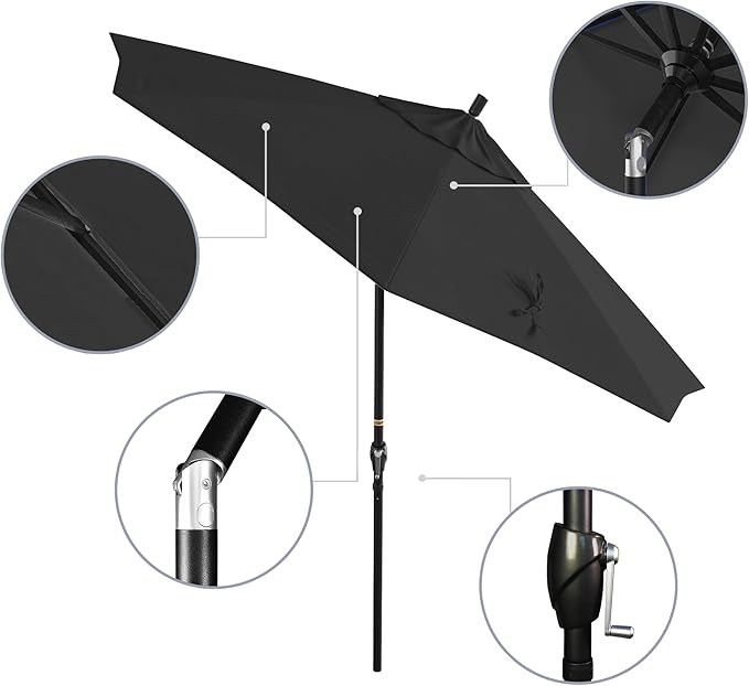 California Umbrella 9' Round Aluminum Market Umbrella, Crank Lift, Push Button Tilt, Black Pole, Pacifica