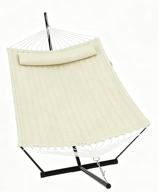Double Hammock with Stand for 2 Persons, Outdoor Heavy Duty Hammock with Pillow & Balance Rope, 450 Lbs Capacity Freestanding Hammock for Patio, Backyard, Poolside Relaxation, Easy Assembly-Off White