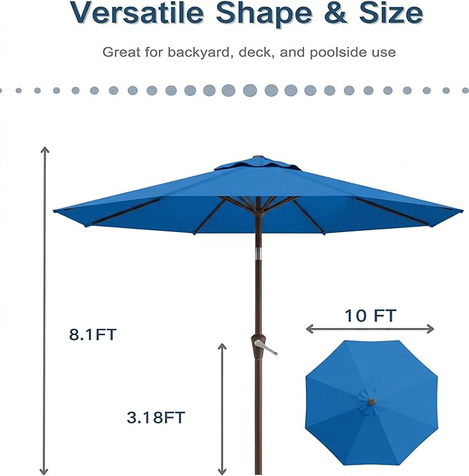 PatioKingdom 10FT Patio Umbrella with Push Button Tilt and Crank, Outdoor Market Umbrella with 8 Fiberglass Ribs, UV Protection Table Umbrella for Pool,Backyard,Garden,Deck