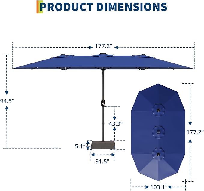 15FT Outdoor Double-Sided Umbrella With Solar Lights, Large Rectangle Patio Market Umbrella, 36 PCS LED Lights, Suitable for Poolside Lawn Backyard, Base Included